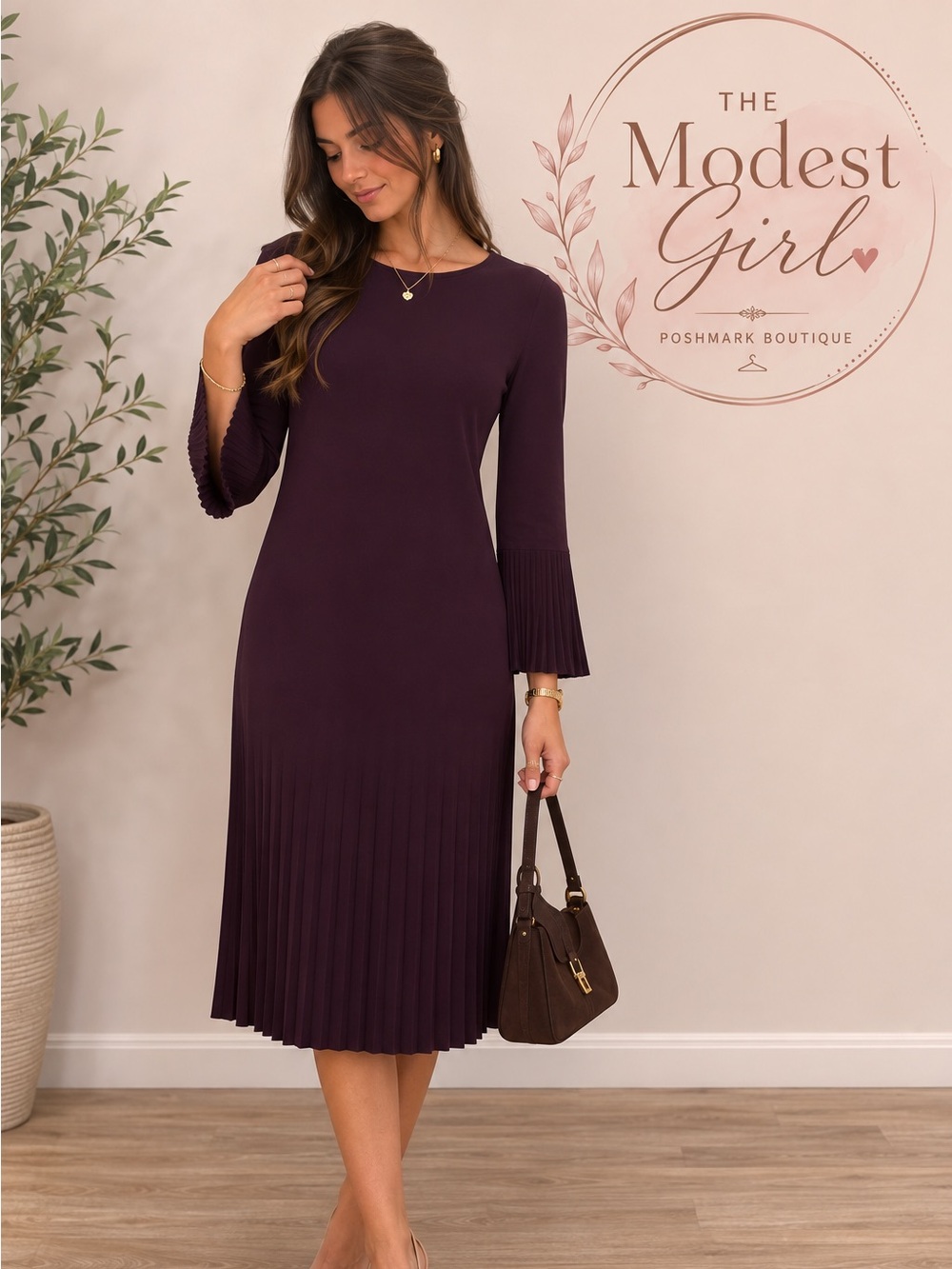 Elegant Plum Pleated Midi Dress -